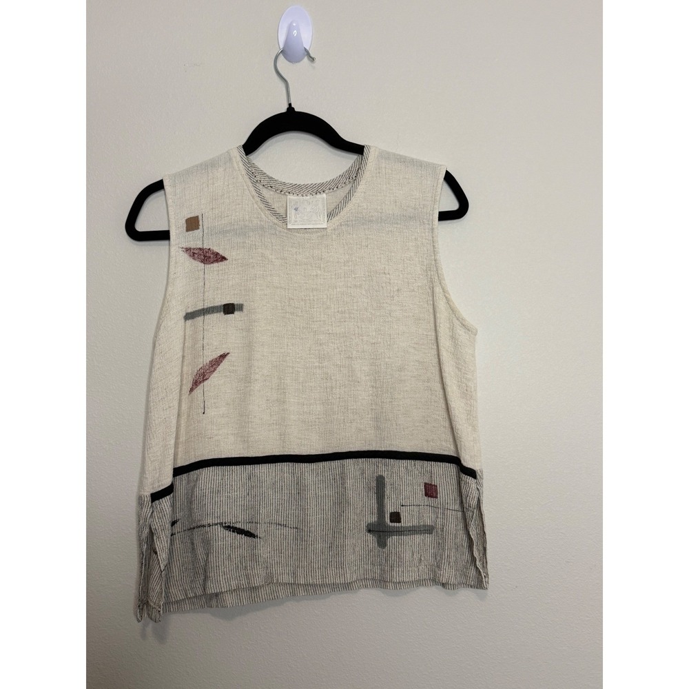 Alegre Women's Cream Hand Painted Art To Wear Linen Blend Sleeveless Top Size M - Picture 2 of 5